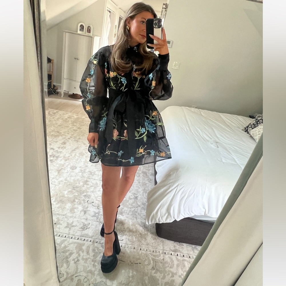 asos edition mini dress in organza with floral embroidery
